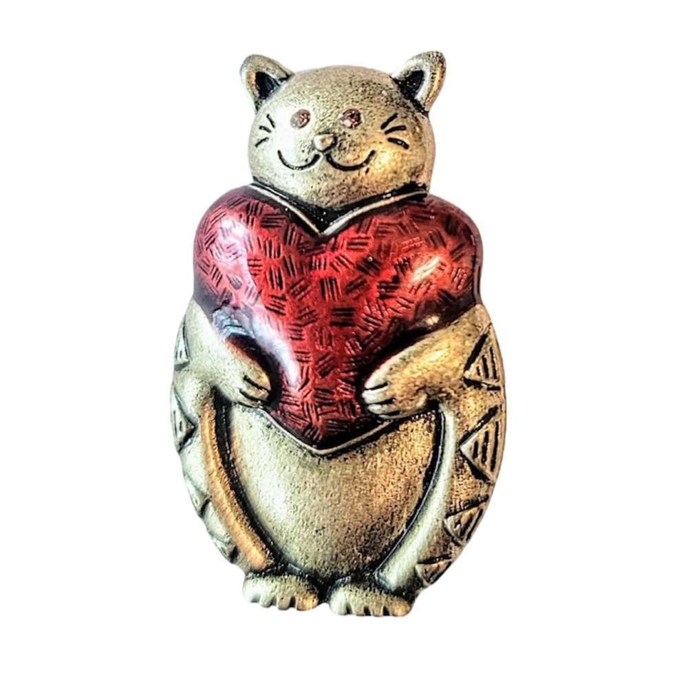 Coldwater Creek Cat Brooch: Gold Tone Enamel Heart Pin